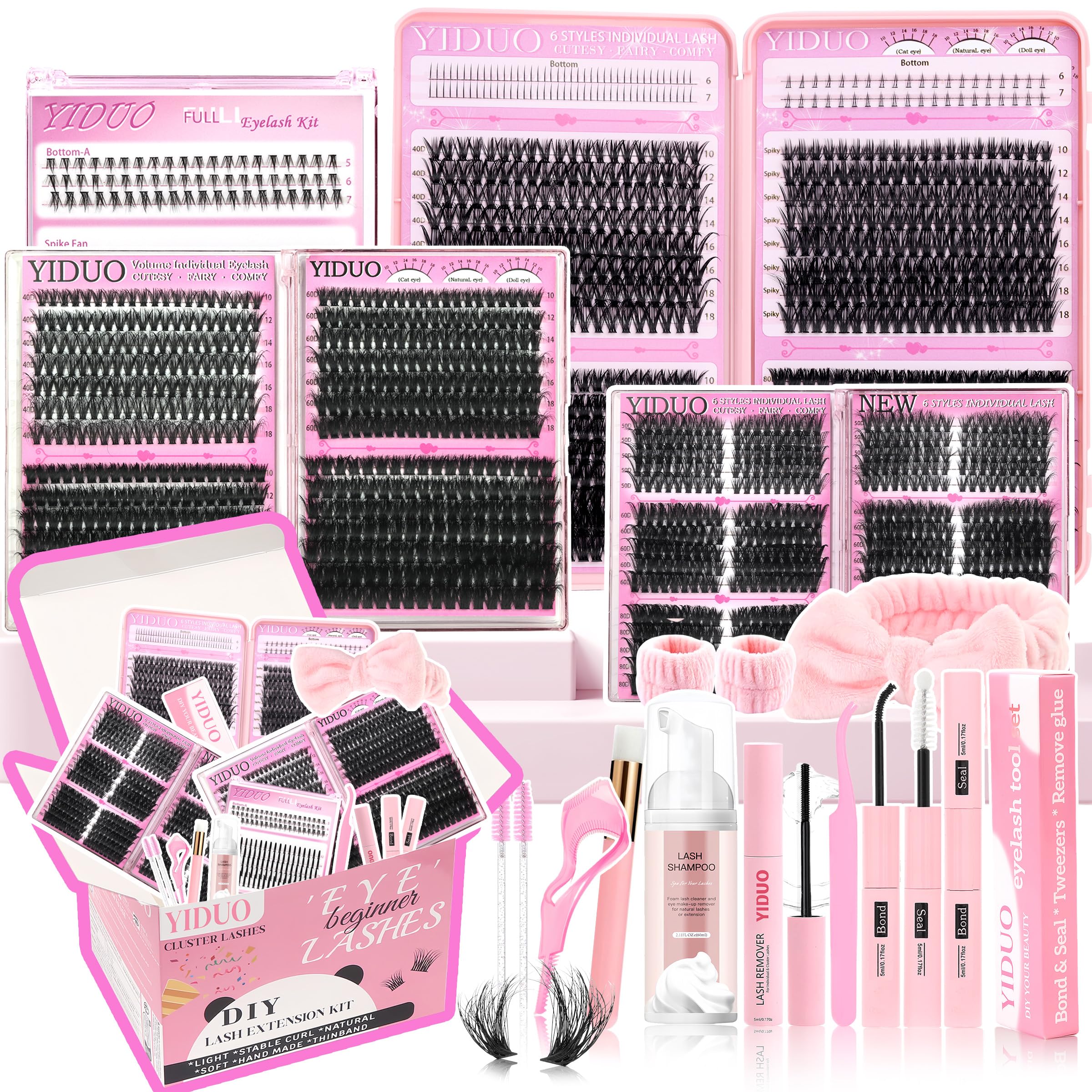 YIDUO 1846Pcs Lash Clusters Kit with spikes and bottom lashes on pink background