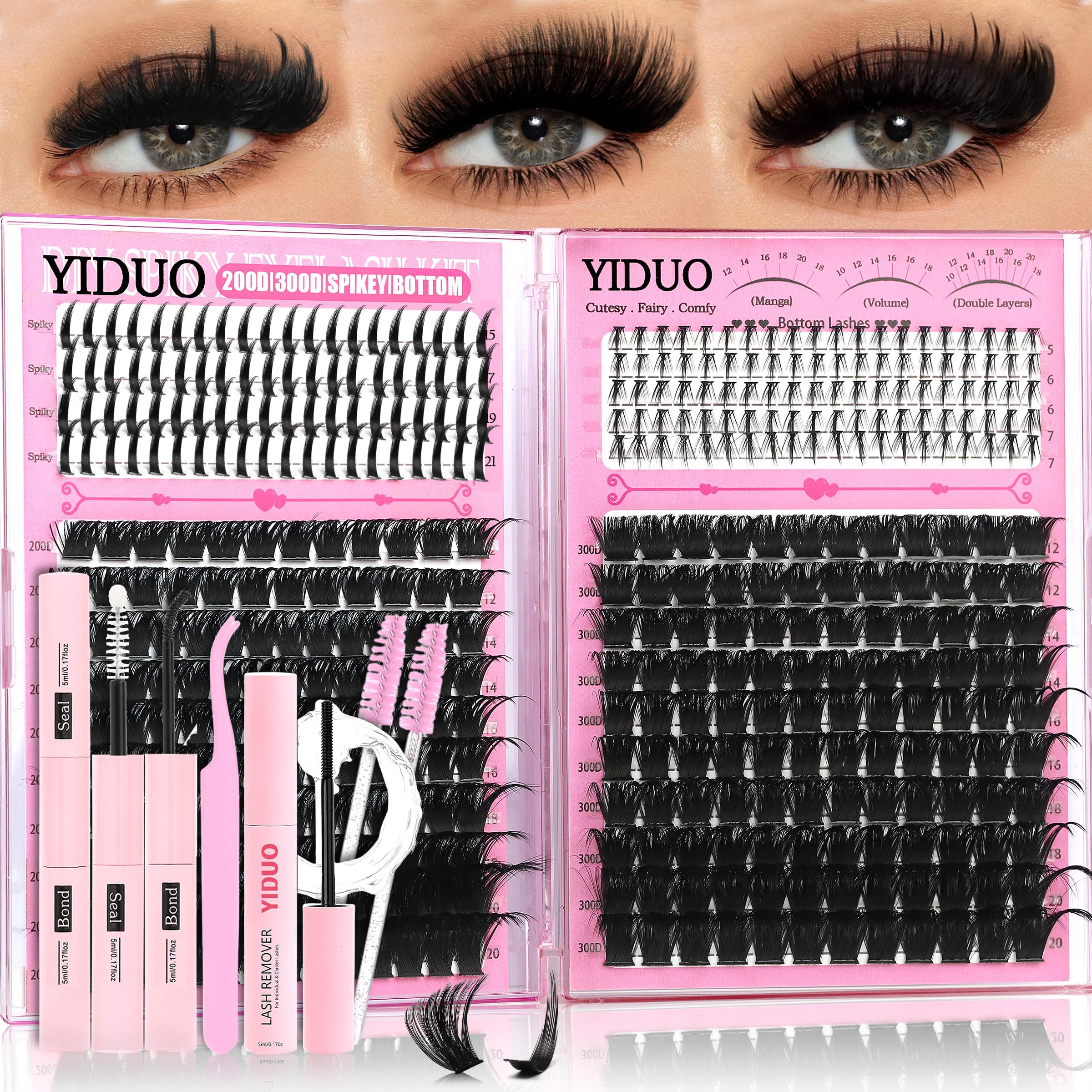 YIDUO 300D Lash Clusters Kit with 4 styles, tweezers, bond and seal, remover, and tools