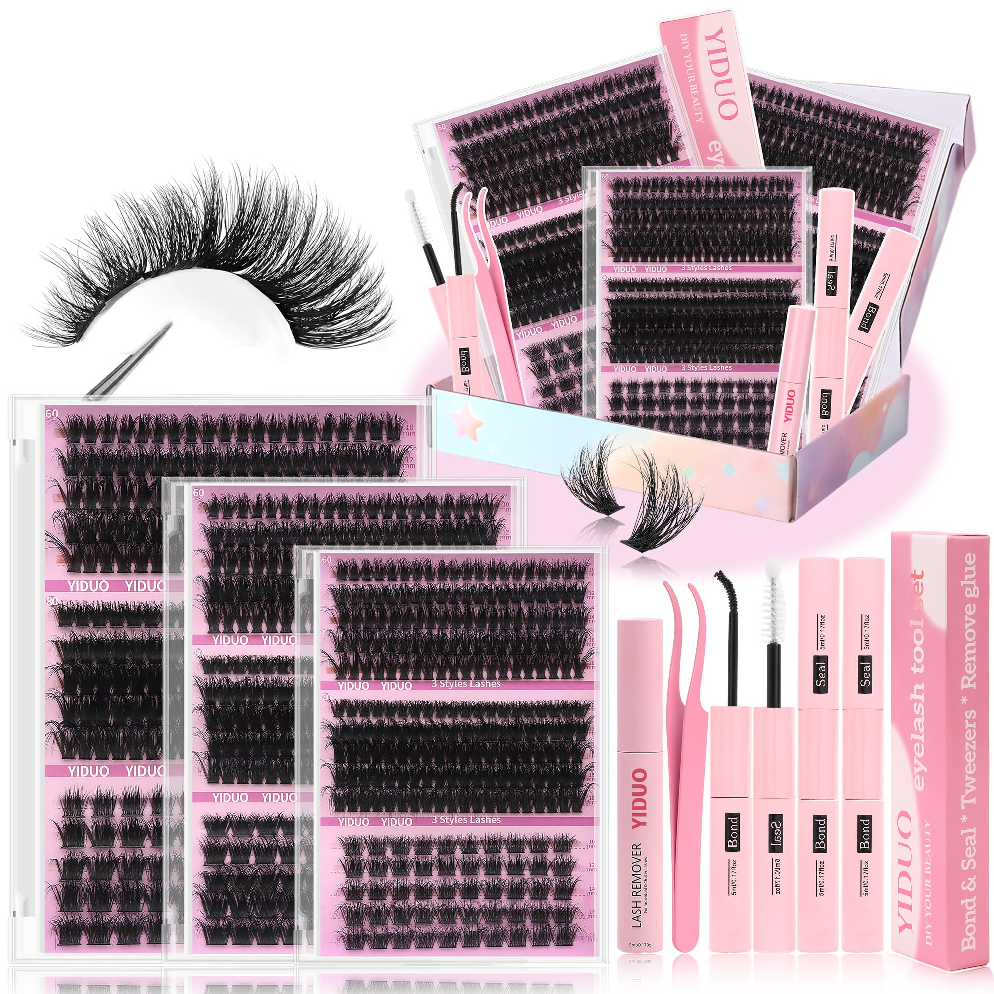 YIDUO 770Pcs Lash Clusters Kit with 5 styles in pink box