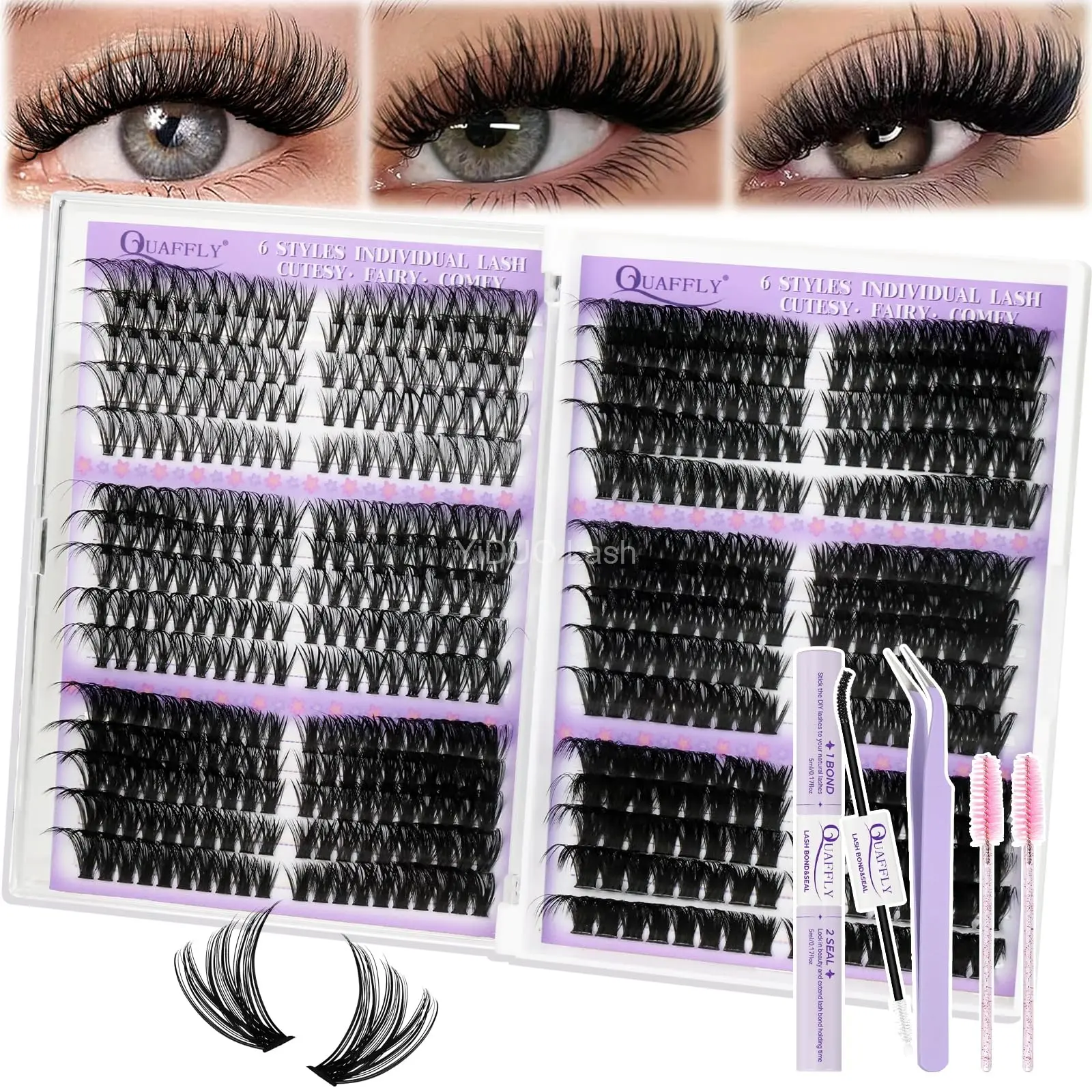 QUAFFLY 6 Styles 570 Pcs Individual Cluster Lash Extensions Kit with bond and seal