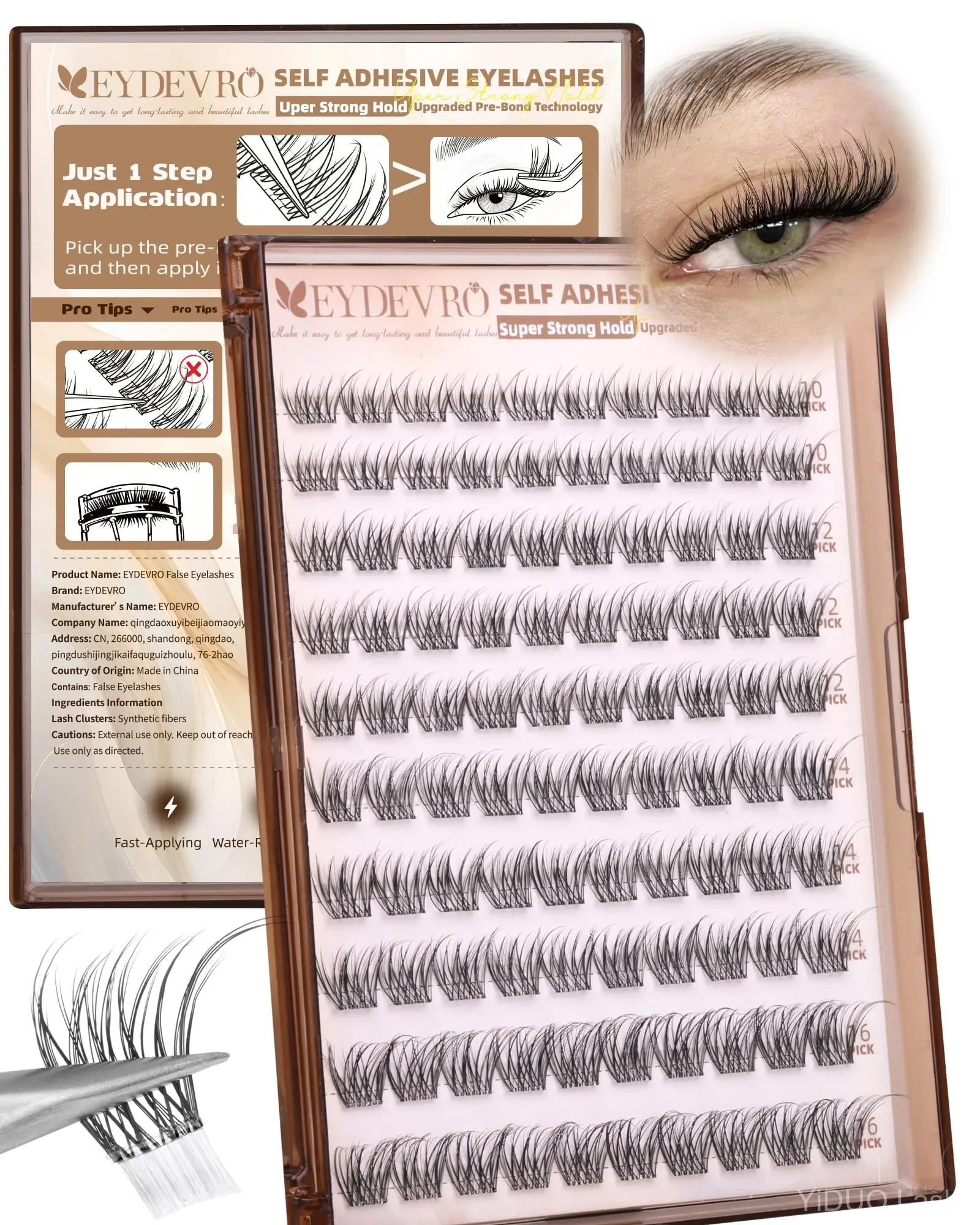 EYDEVRO Natural Self Adhesive Wispy Lash Clusters on storage strip with tweezers