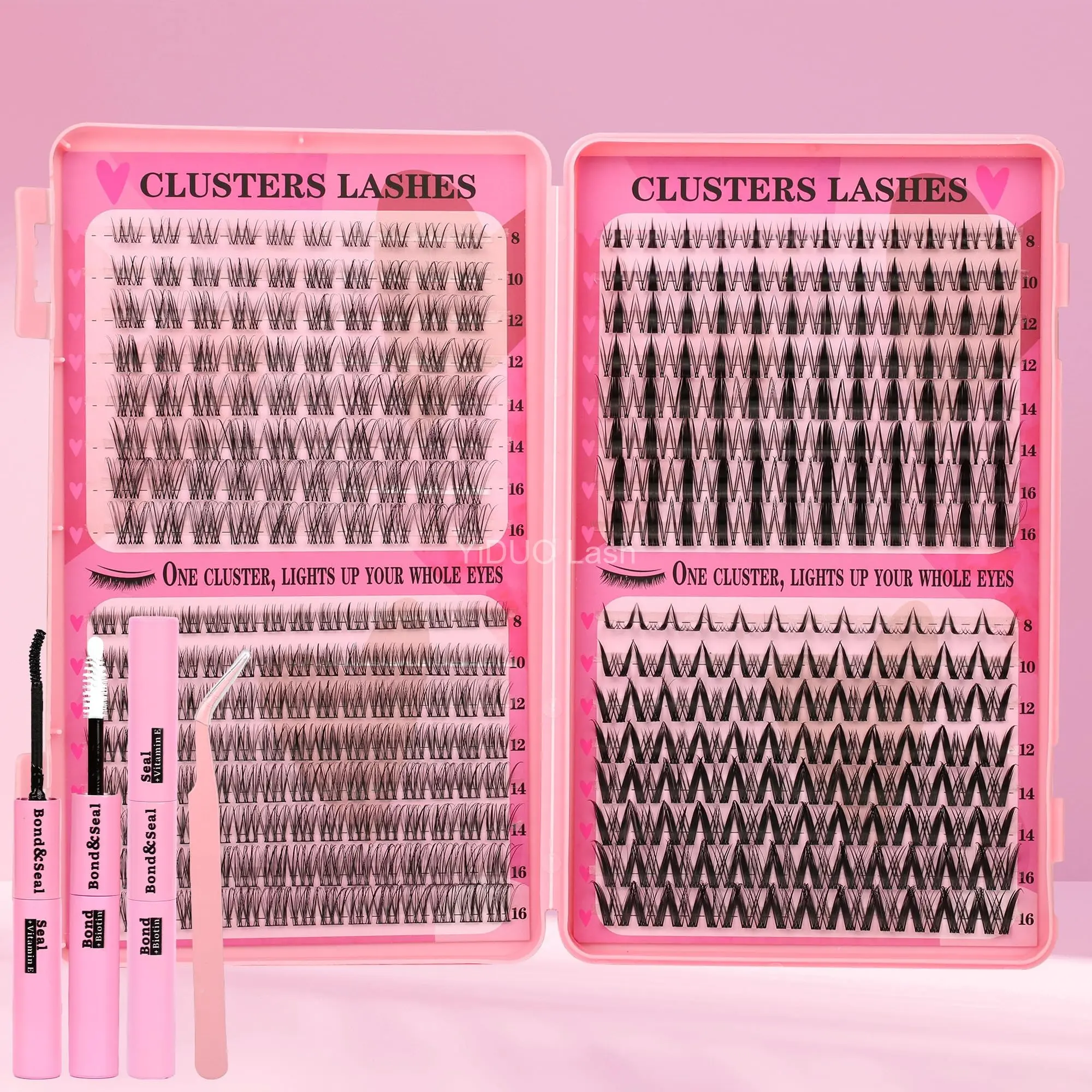 Gmagictobo 392pc Lash Clusters Kit — 4 styles laid out with bond, seal, and tweezers