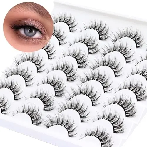 Losha 14-pair wispy lashes unboxing showing holographic packaging, lash tool, and glue