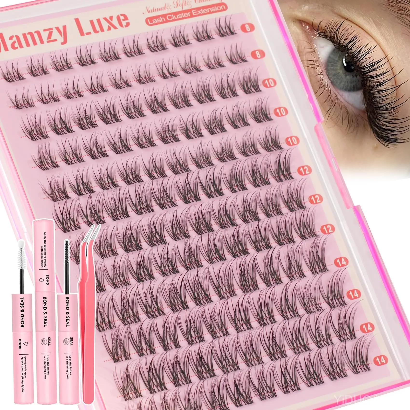 Mamzy Luxe 120pc CC-Curl Wispy Lash Clusters Kit with bond, seal and tweezers
