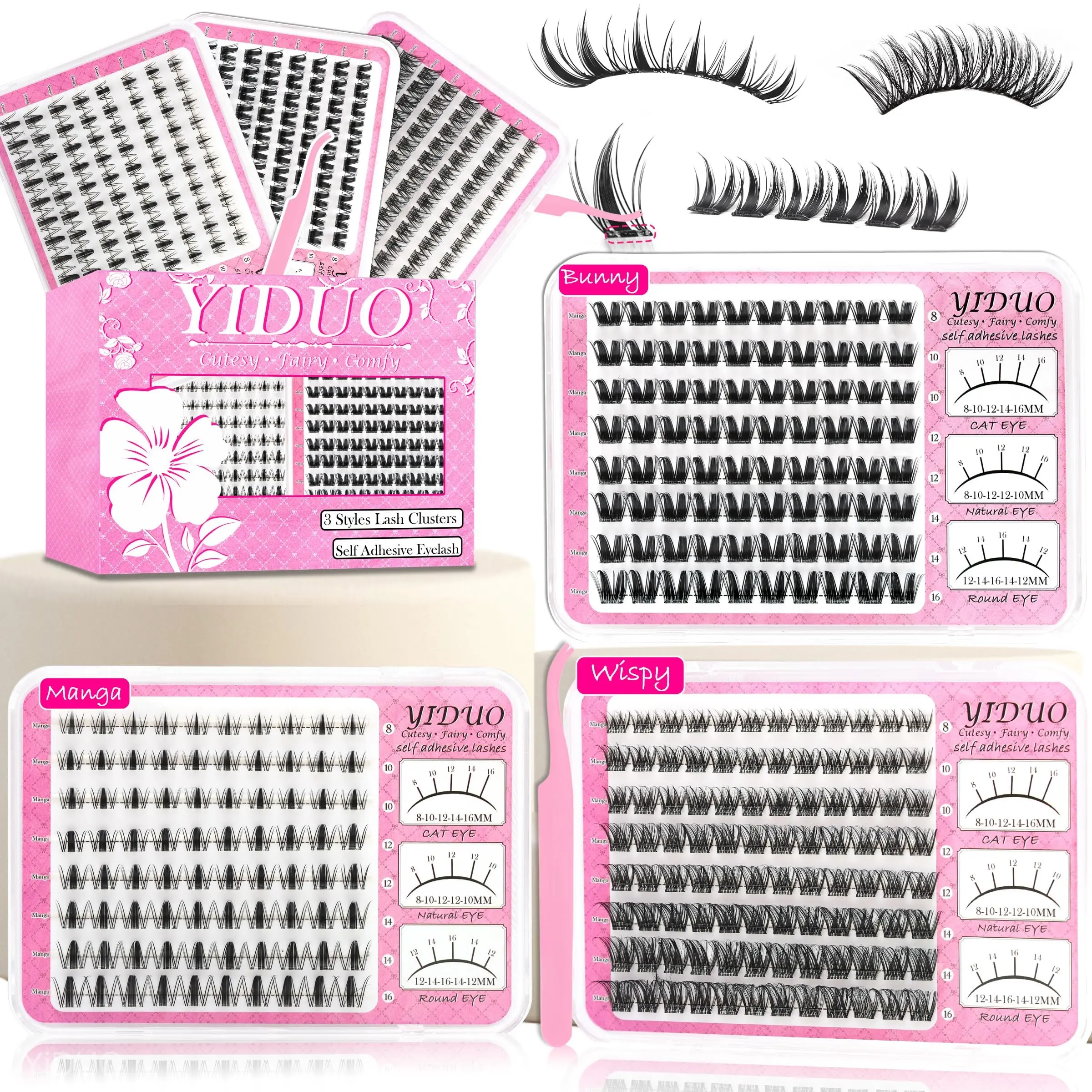 YIDUO 3 Styles Self-Adhesive Lash Clusters Kit in pink book-style case with Manga Bunny and Natural trays