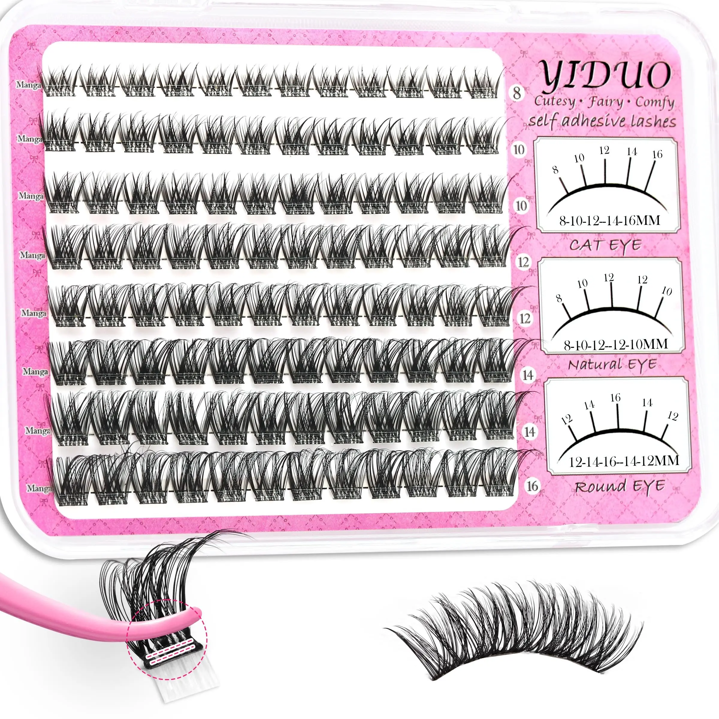 Kit YIDUO Self-Adhesive Wispy Lash Clusters 96PCS D-Curl dans un Ã©tui rose faÃ§on livre avec trois plateaux
